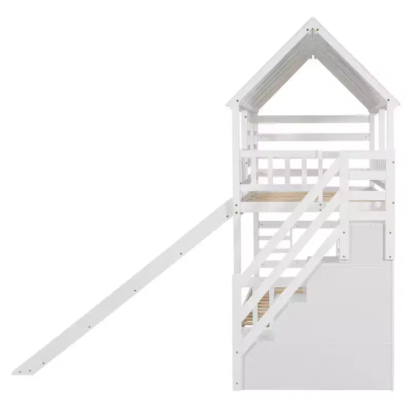 GDFStudio Wagner Wood House Bunk Bed with Trundle and Slide, Storage Staircase, Roof and Window Design