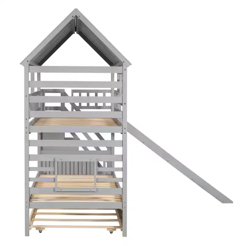 GDFStudio Wagner Wood House Bunk Bed with Trundle and Slide, Storage Staircase, Roof and Window Design