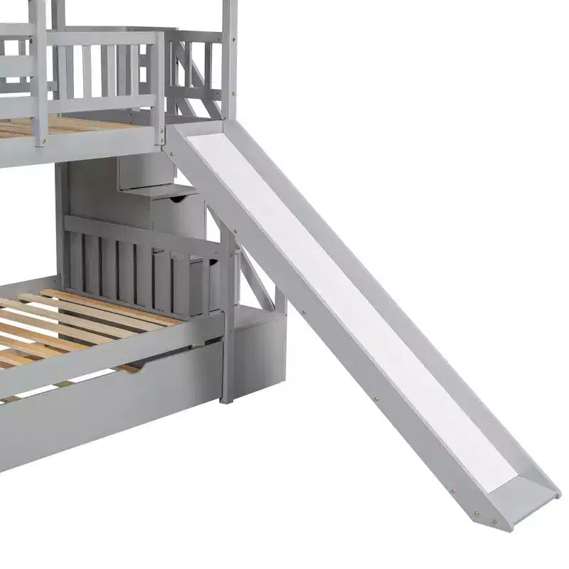 GDFStudio Wagner Wood House Bunk Bed with Trundle and Slide, Storage Staircase, Roof and Window Design