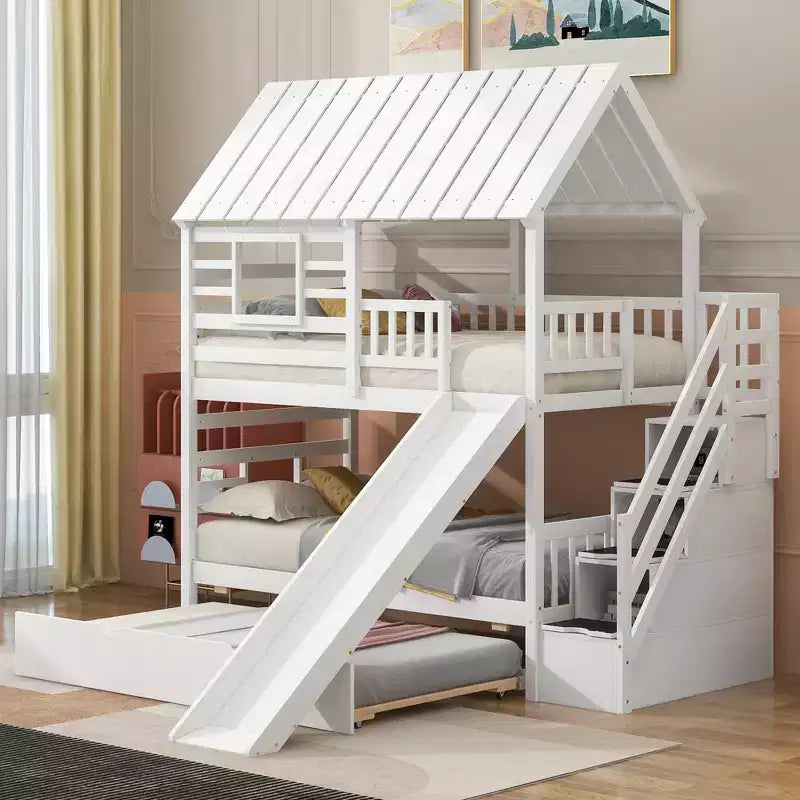 GDFStudio Wagner Wood House Bunk Bed with Trundle and Slide, Storage Staircase, Roof and Window Design