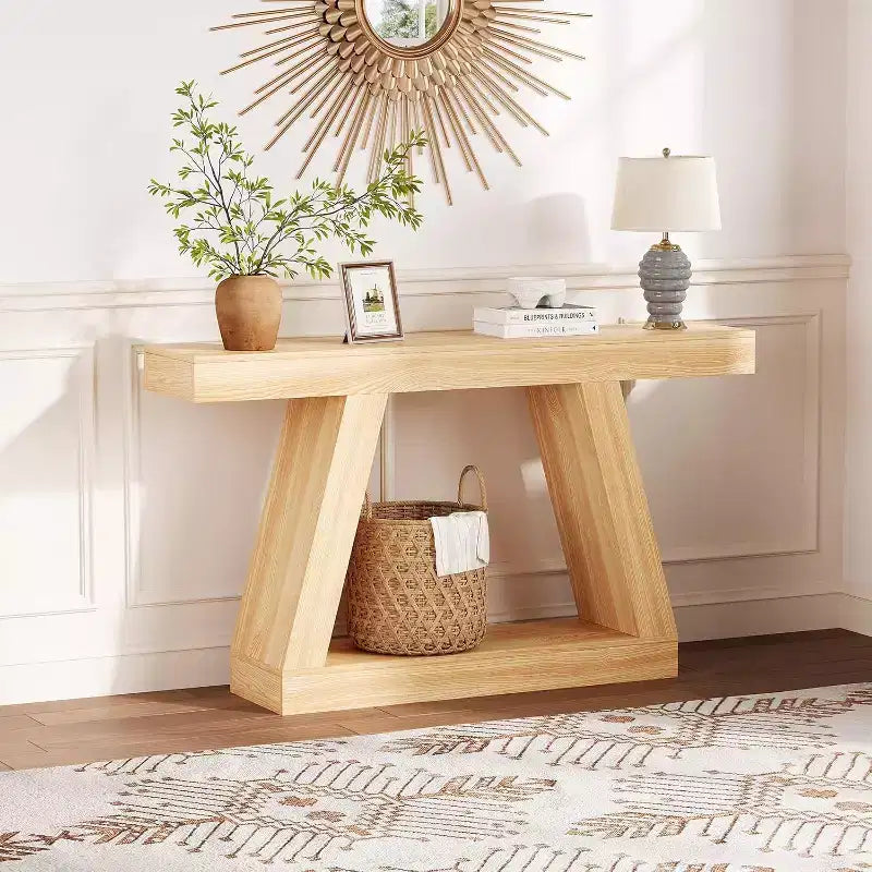Acekool 2-Tier Industrial Entryway Console Table with Open Storage Shelves, Farmhouse Sofa Table for Living Room