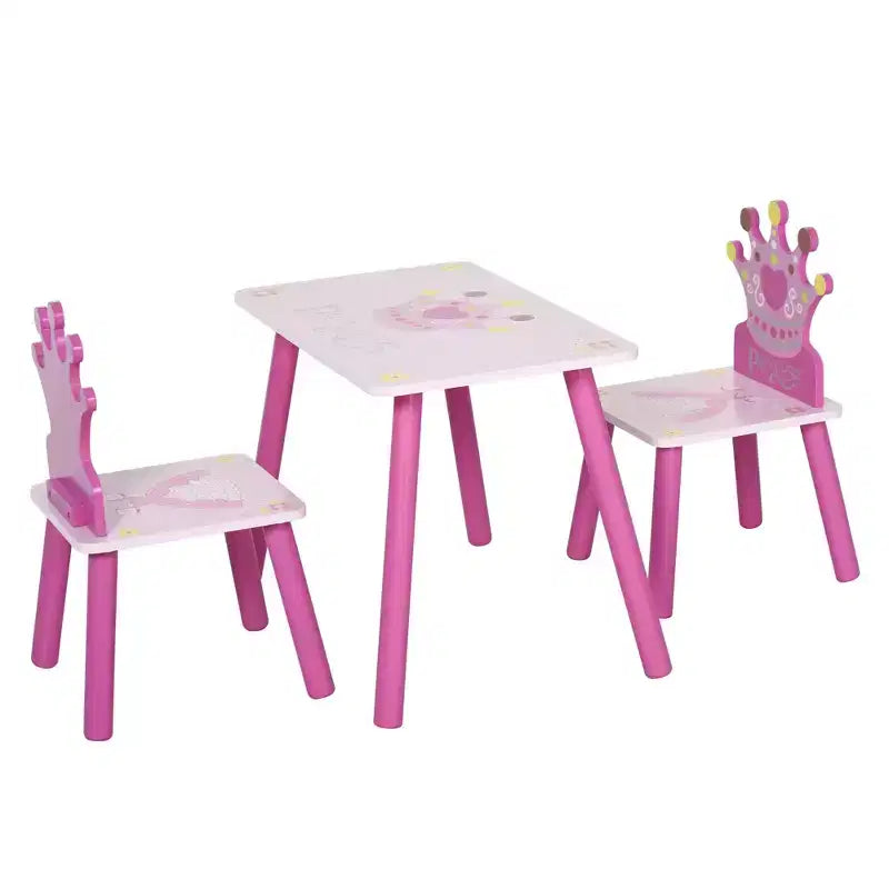 JVNOXK3-Piece Kids Wooden Table and Chair Set with Crown Pattern Gift for Girls Toddlers Arts Reading Writing Age 2-4 Years Pink