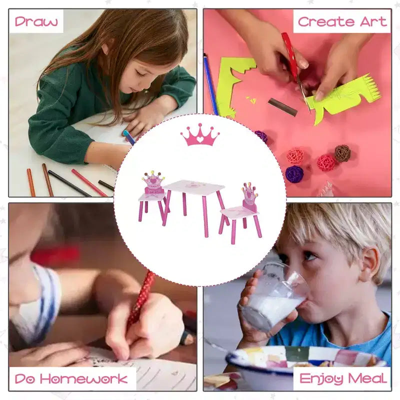 JVNOXK3-Piece Kids Wooden Table and Chair Set with Crown Pattern Gift for Girls Toddlers Arts Reading Writing Age 2-4 Years Pink
