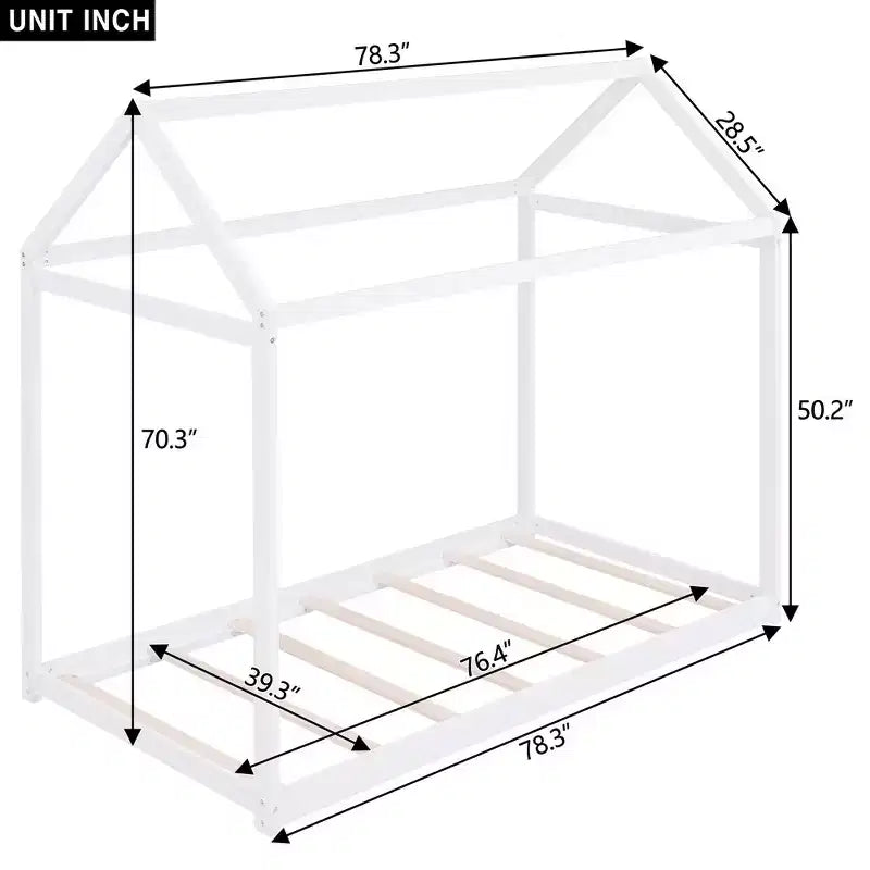 House Bed Frame With Roof, Twin Size Wooden House Bed Floor Beds, Fun Playhouse Bed Frames, For Kids Girls & Boys