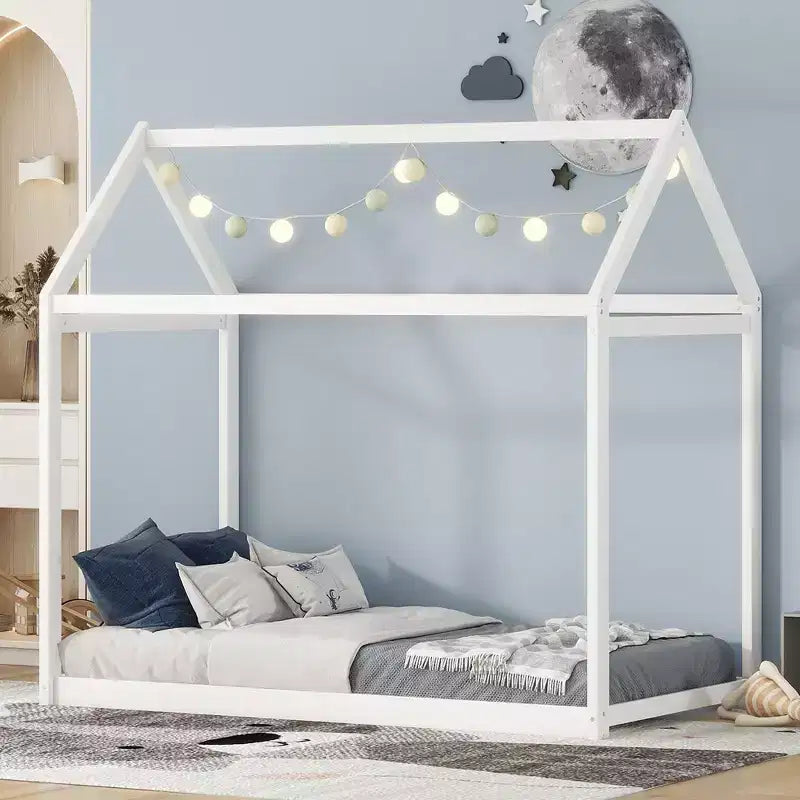 House Bed Frame With Roof, Twin Size Wooden House Bed Floor Beds, Fun Playhouse Bed Frames, For Kids Girls & Boys