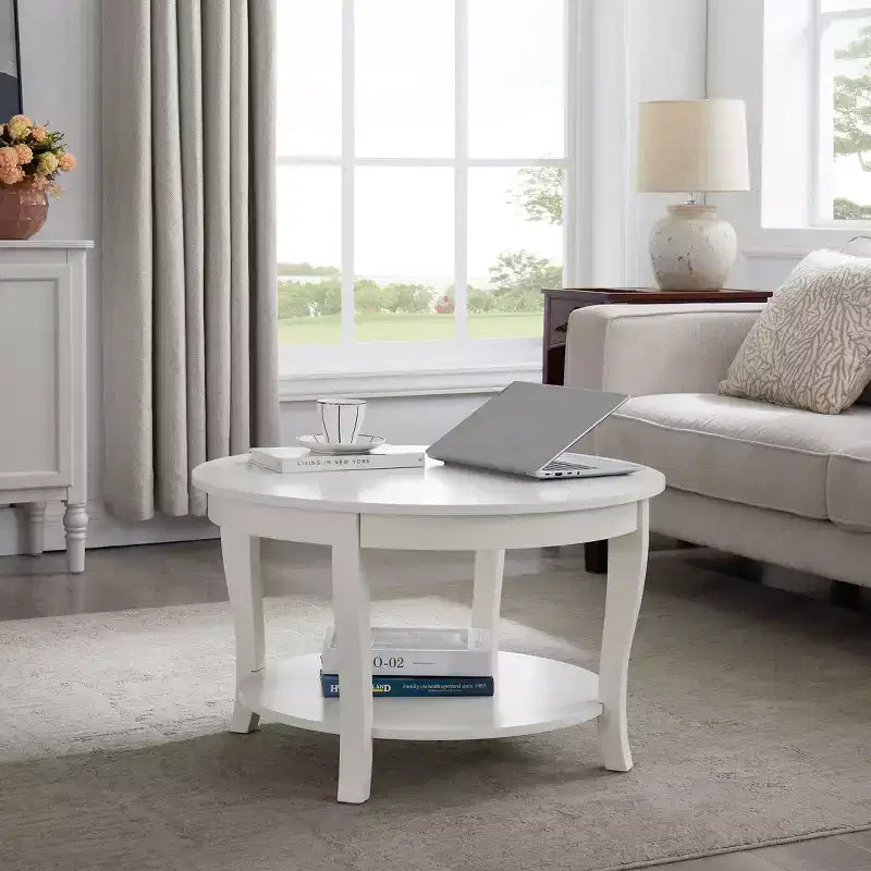 TUYOHW Elegant Oriental Coffee Table,2-Tier Tea Table for Living Room,Round Accent Table with Open Shelf,Storage Cocktail Table for Home Decor