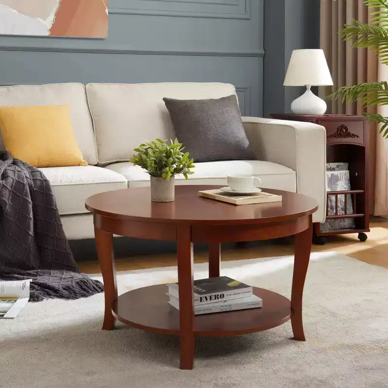 TUYOHW Elegant Oriental Coffee Table,2-Tier Tea Table for Living Room,Round Accent Table with Open Shelf,Storage Cocktail Table for Home Decor
