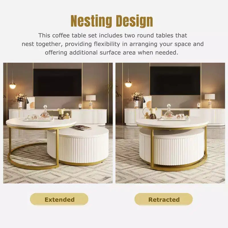TUYOHW Modern Nesting Coffee Table,31.5/27.6 Fluted Table with Drawer,Living Room Accent Table,Sturdy MDF Top & Metal Base,80lbs Capacity