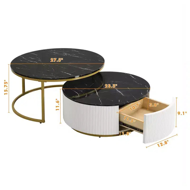 TUYOHW Modern Nesting Coffee Table,31.5/27.6 Fluted Table with Drawer,Living Room Accent Table,Sturdy MDF Top & Metal Base,80lbs Capacity