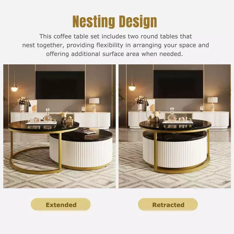 TUYOHW Modern Nesting Coffee Table,31.5/27.6 Fluted Table with Drawer,Living Room Accent Table,Sturdy MDF Top & Metal Base,80lbs Capacity