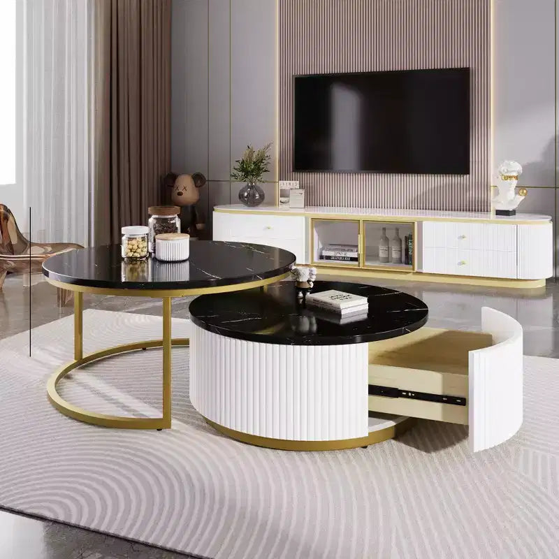 TUYOHW Modern Nesting Coffee Table,31.5/27.6 Fluted Table with Drawer,Living Room Accent Table,Sturdy MDF Top & Metal Base,80lbs Capacity