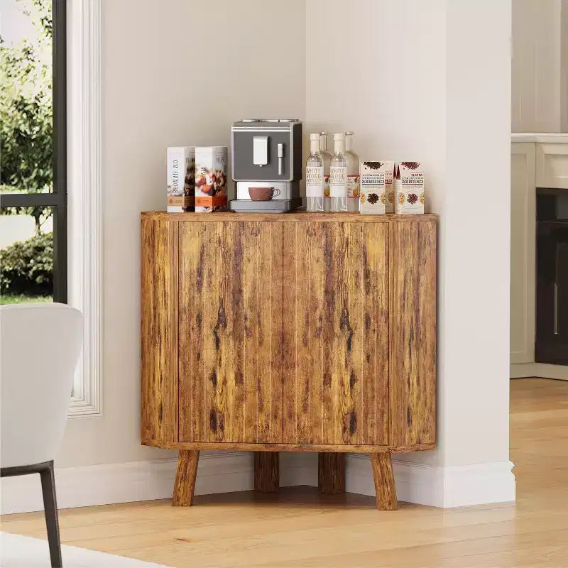 Farmhouse Corner Cabinet with Adjustable Shelf, 3-Tier Storage for Living Room & Kitchen