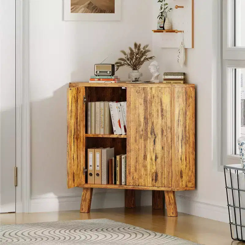 Farmhouse Corner Cabinet with Adjustable Shelf, 3-Tier Storage for Living Room & Kitchen