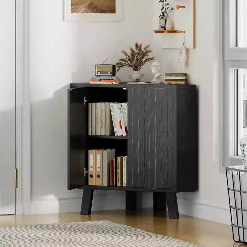 Farmhouse Corner Cabinet with Adjustable Shelf, 3-Tier Storage for Living Room & Kitchen