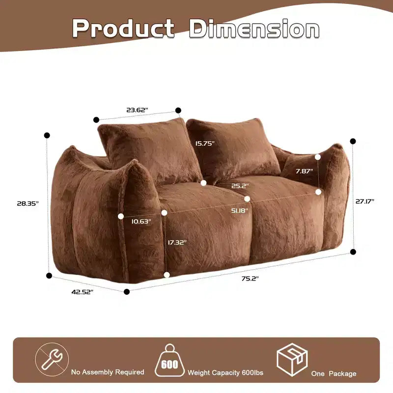 Okak Giant Bean Bag Sofa with 2 Pillows, Bean Bag Chair with Memory Foam for 2, Floor Chairs Lounge Sofa Chair for Living Room