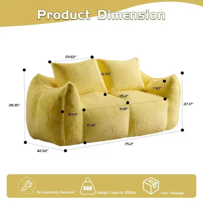 Okak Giant Bean Bag Sofa with 2 Pillows, Bean Bag Chair with Memory Foam for 2, Floor Chairs Lounge Sofa Chair for Living Room