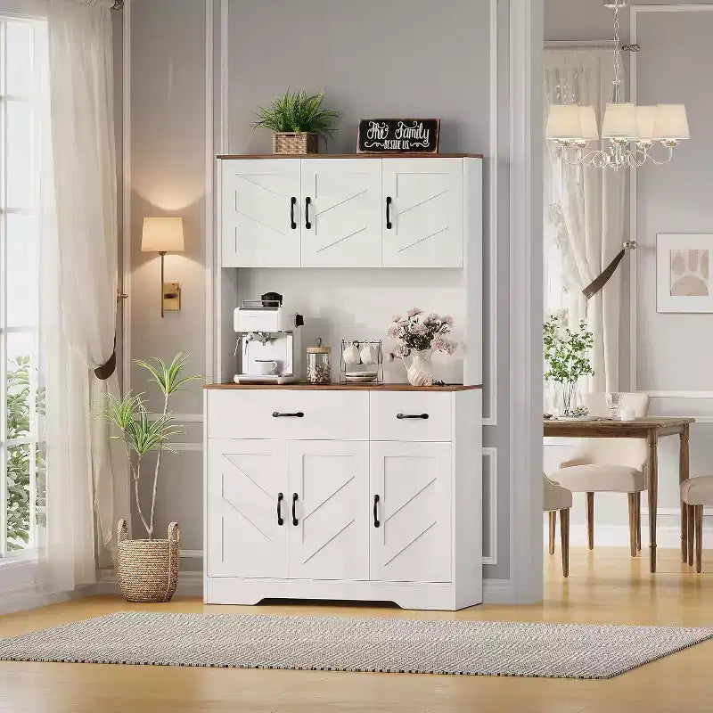 Acekool White 71 Kitchen Pantry Cabinet with Charging Station, Drawer & Adjustable Shelves, Farmhouse Storage for Dining or Living Room