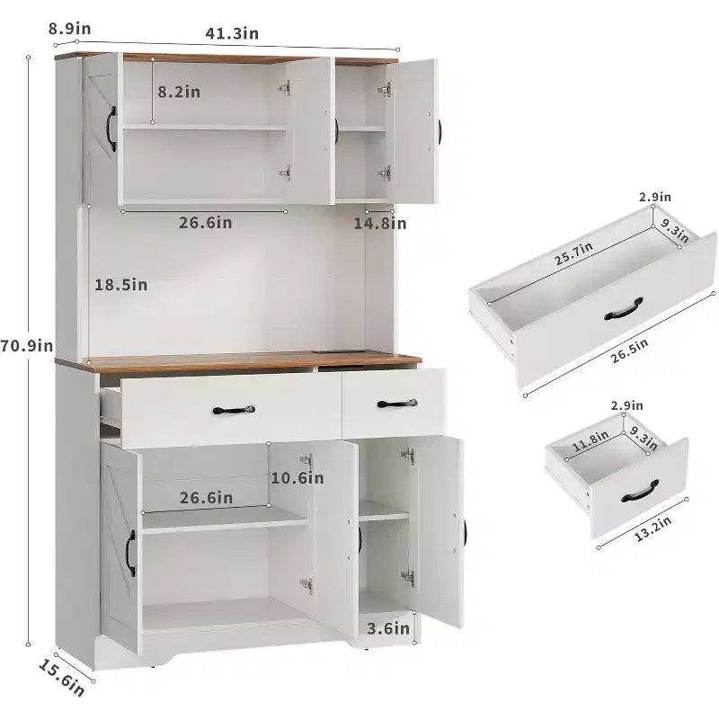 Acekool White 71 Kitchen Pantry Cabinet with Charging Station, Drawer & Adjustable Shelves, Farmhouse Storage for Dining or Living Room