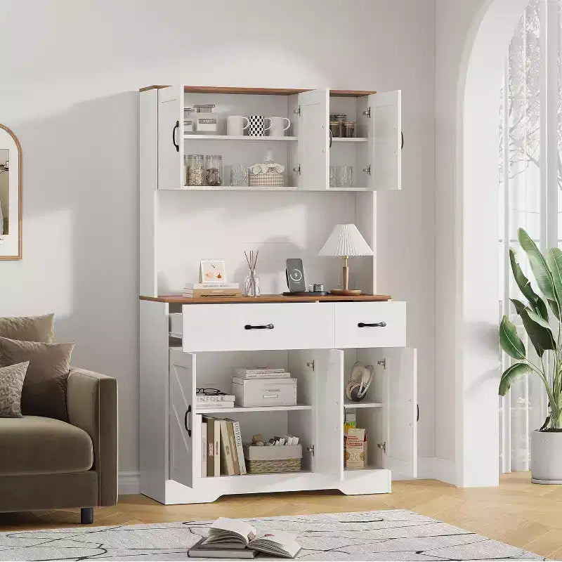 Acekool White 71 Kitchen Pantry Cabinet with Charging Station, Drawer & Adjustable Shelves, Farmhouse Storage for Dining or Living Room