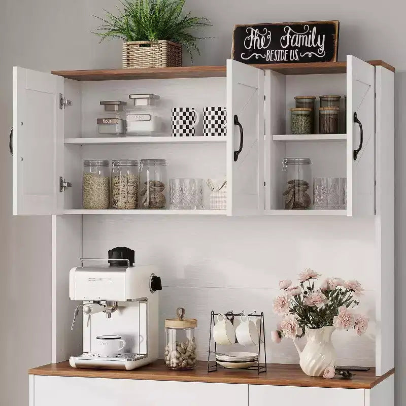 Acekool White 71 Kitchen Pantry Cabinet with Charging Station, Drawer & Adjustable Shelves, Farmhouse Storage for Dining or Living Room