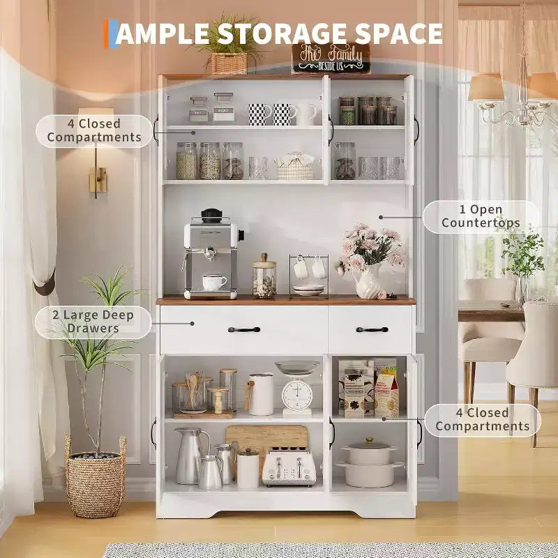Acekool White 71 Kitchen Pantry Cabinet with Charging Station, Drawer & Adjustable Shelves, Farmhouse Storage for Dining or Living Room