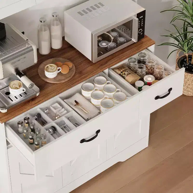 Acekool White 71 Kitchen Pantry Cabinet with Charging Station, Drawer & Adjustable Shelves, Farmhouse Storage for Dining or Living Room