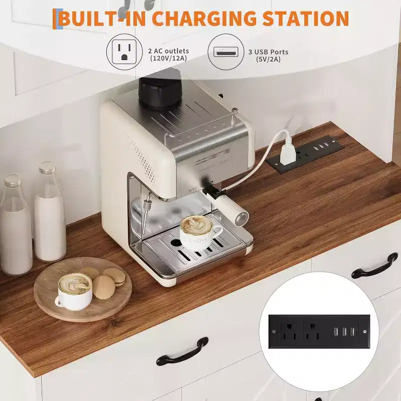 Acekool White 71 Kitchen Pantry Cabinet with Charging Station, Drawer & Adjustable Shelves, Farmhouse Storage for Dining or Living Room