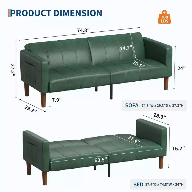 75'' PU Leather Futon Sofa Bed, Convertible Loveseat, Adjustable Backrest, Side Pockets, Space-Saving Sleeper Sofa for Small Spaces