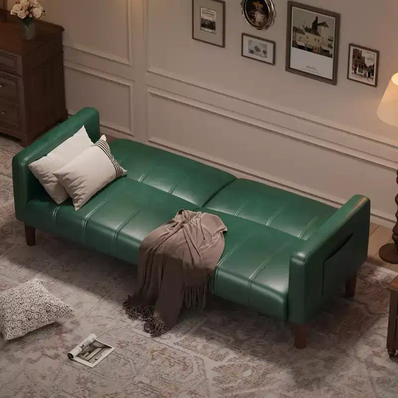 75'' PU Leather Futon Sofa Bed, Convertible Loveseat, Adjustable Backrest, Side Pockets, Space-Saving Sleeper Sofa for Small Spaces