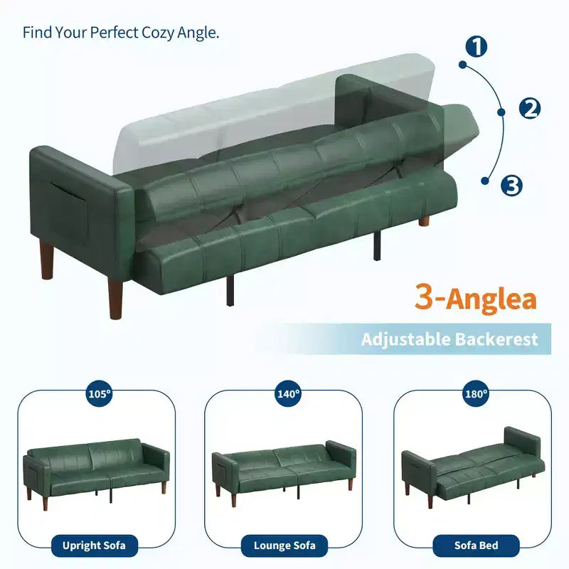75'' PU Leather Futon Sofa Bed, Convertible Loveseat, Adjustable Backrest, Side Pockets, Space-Saving Sleeper Sofa for Small Spaces