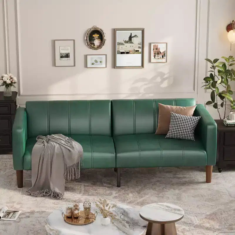 75'' PU Leather Futon Sofa Bed, Convertible Loveseat, Adjustable Backrest, Side Pockets, Space-Saving Sleeper Sofa for Small Spaces