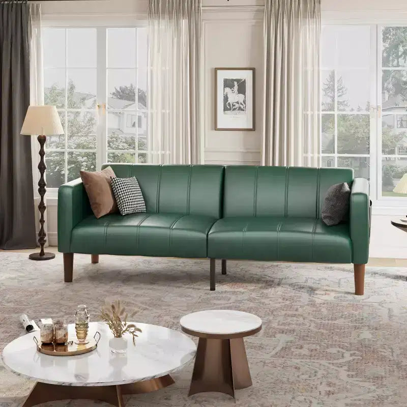 75'' PU Leather Futon Sofa Bed, Convertible Loveseat, Adjustable Backrest, Side Pockets, Space-Saving Sleeper Sofa for Small Spaces