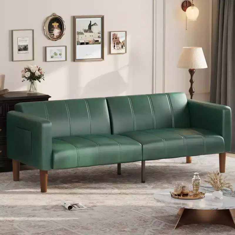 75'' PU Leather Futon Sofa Bed, Convertible Loveseat, Adjustable Backrest, Side Pockets, Space-Saving Sleeper Sofa for Small Spaces
