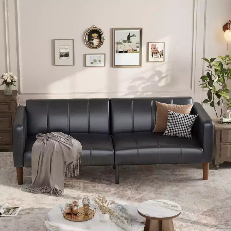 75'' PU Leather Futon Sofa Bed, Convertible Loveseat, Adjustable Backrest, Side Pockets, Space-Saving Sleeper Sofa for Small Spaces