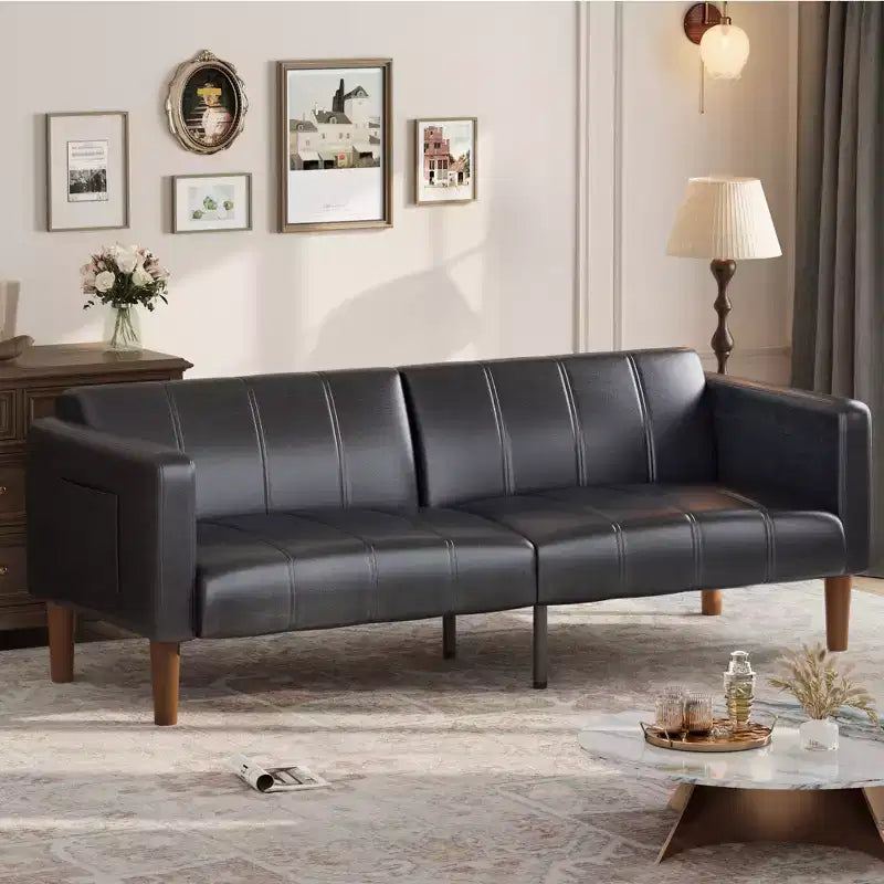 75'' PU Leather Futon Sofa Bed, Convertible Loveseat, Adjustable Backrest, Side Pockets, Space-Saving Sleeper Sofa for Small Spaces