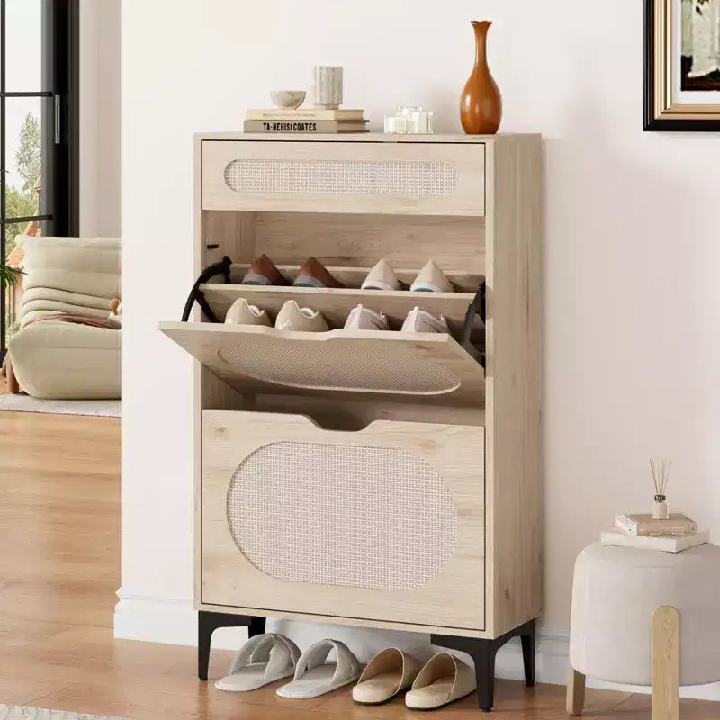 Rattan Shoe Cabinet, Shoe Organizer with 2 Flip Drawers & 1 Drawer, Hidden Slim Shoe Sotrage for Front Door Entrance