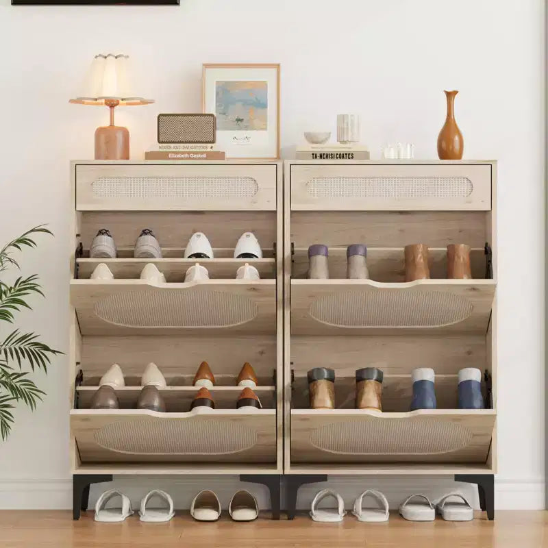 Rattan Shoe Cabinet, Shoe Organizer with 2 Flip Drawers & 1 Drawer, Hidden Slim Shoe Sotrage for Front Door Entrance