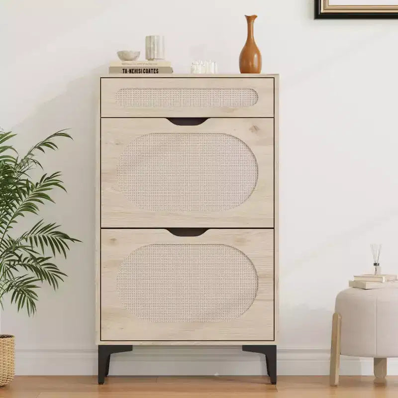 Rattan Shoe Cabinet, Shoe Organizer with 2 Flip Drawers & 1 Drawer, Hidden Slim Shoe Sotrage for Front Door Entrance