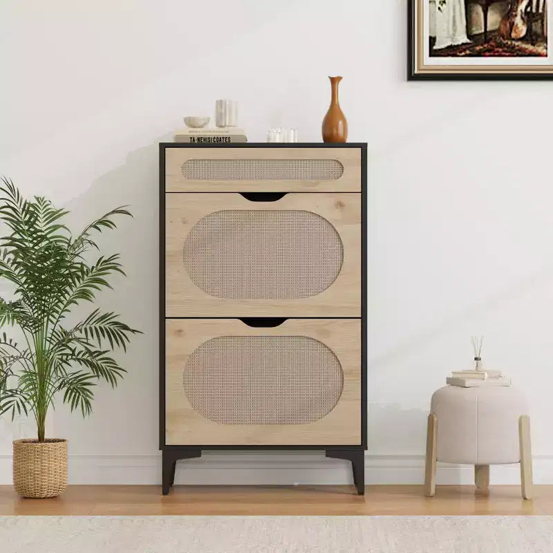 Rattan Shoe Cabinet, Shoe Organizer with 2 Flip Drawers & 1 Drawer, Hidden Slim Shoe Sotrage for Front Door Entrance