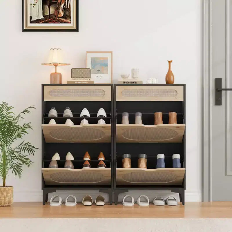 Rattan Shoe Cabinet, Shoe Organizer with 2 Flip Drawers & 1 Drawer, Hidden Slim Shoe Sotrage for Front Door Entrance