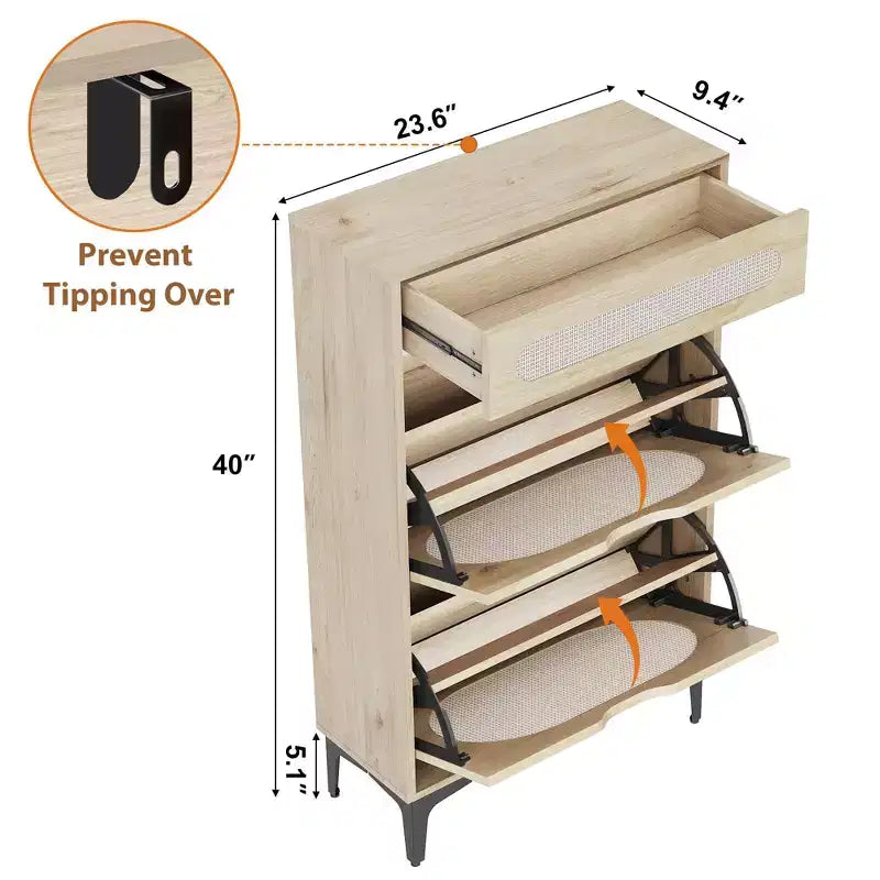 Rattan Shoe Cabinet, Shoe Organizer with 2 Flip Drawers & 1 Drawer, Hidden Slim Shoe Sotrage for Front Door Entrance