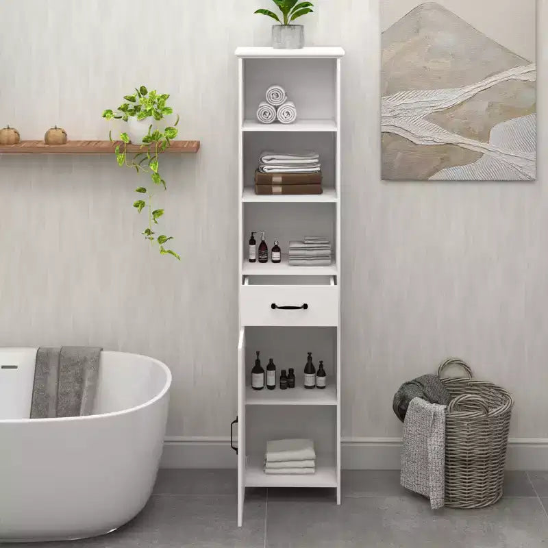Tall Bathroom Storage Cabinet With Adjustable Shelves And Open Shelves, Slim Floor Standing Cabinet With 1 Door And 1 Drawer, Narrow Cabinet White