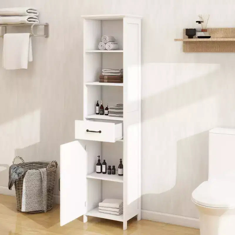 Tall Bathroom Storage Cabinet With Adjustable Shelves And Open Shelves, Slim Floor Standing Cabinet With 1 Door And 1 Drawer, Narrow Cabinet White