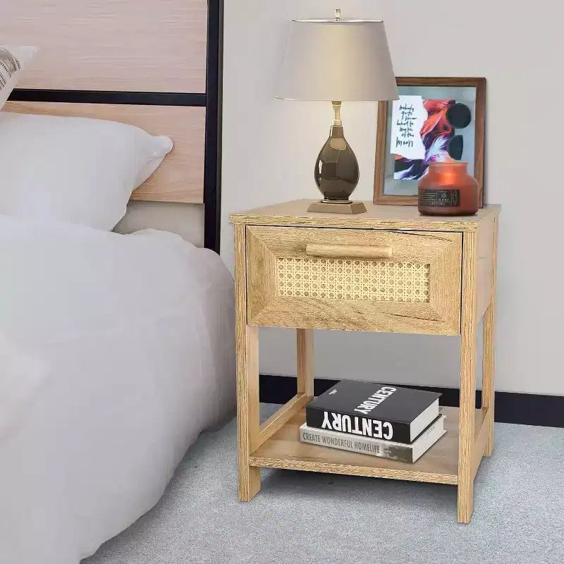 Nightstand Set of 2, Modern Rattan Small Dresser Organizer with 2 Drawers & 2 Open Storage Shelf, Bedside Table Furniture End Table for Bedroom
