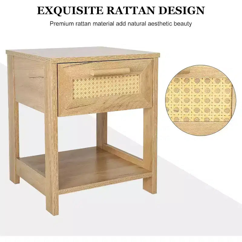 Nightstand Set of 2, Modern Rattan Small Dresser Organizer with 2 Drawers & 2 Open Storage Shelf, Bedside Table Furniture End Table for Bedroom