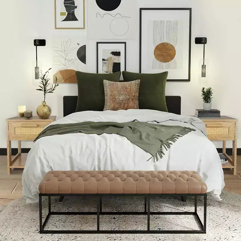 Nightstand Set of 2, Modern Rattan Small Dresser Organizer with 2 Drawers & 2 Open Storage Shelf, Bedside Table Furniture End Table for Bedroom