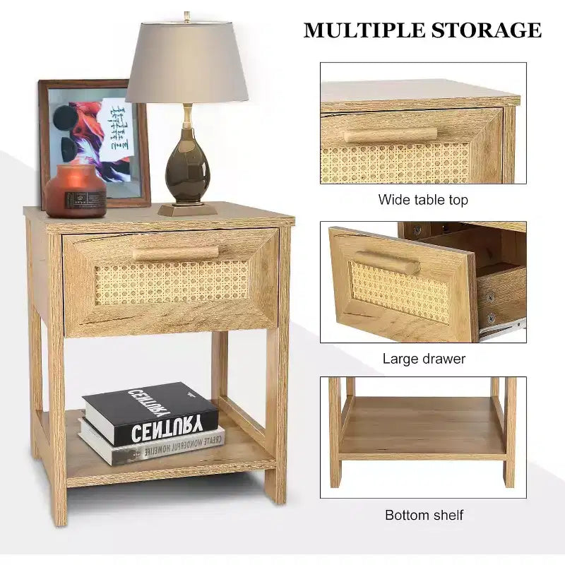 Nightstand Set of 2, Modern Rattan Small Dresser Organizer with 2 Drawers & 2 Open Storage Shelf, Bedside Table Furniture End Table for Bedroom