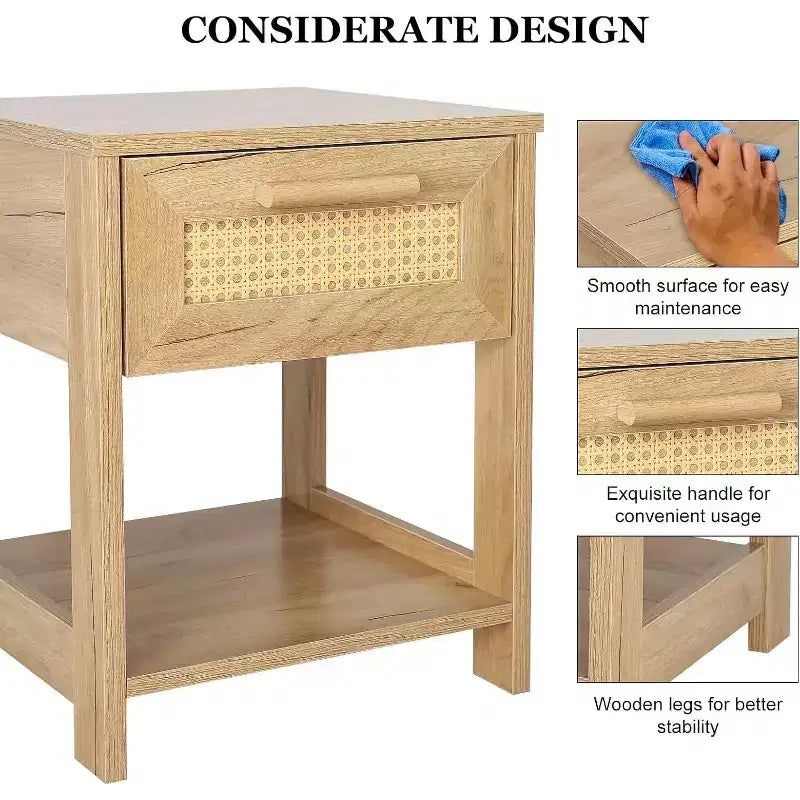 Nightstand Set of 2, Modern Rattan Small Dresser Organizer with 2 Drawers & 2 Open Storage Shelf, Bedside Table Furniture End Table for Bedroom