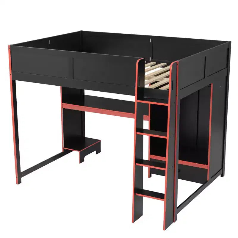 Luxystar Full Size Wood Gaming Loft Bed with Built-in Desk, Wardrobe, LED and Drawer, Black+Red