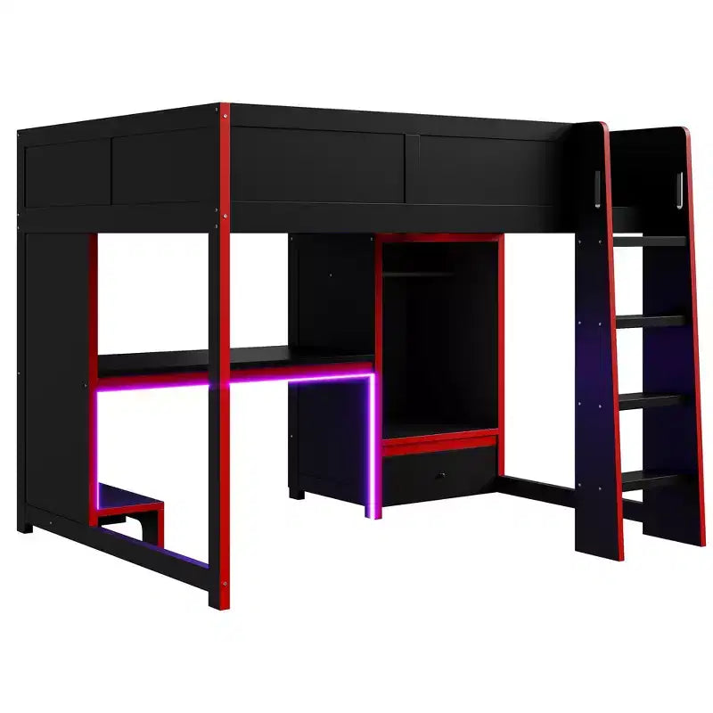 Luxystar Full Size Wood Gaming Loft Bed with Built-in Desk, Wardrobe, LED and Drawer, Black+Red